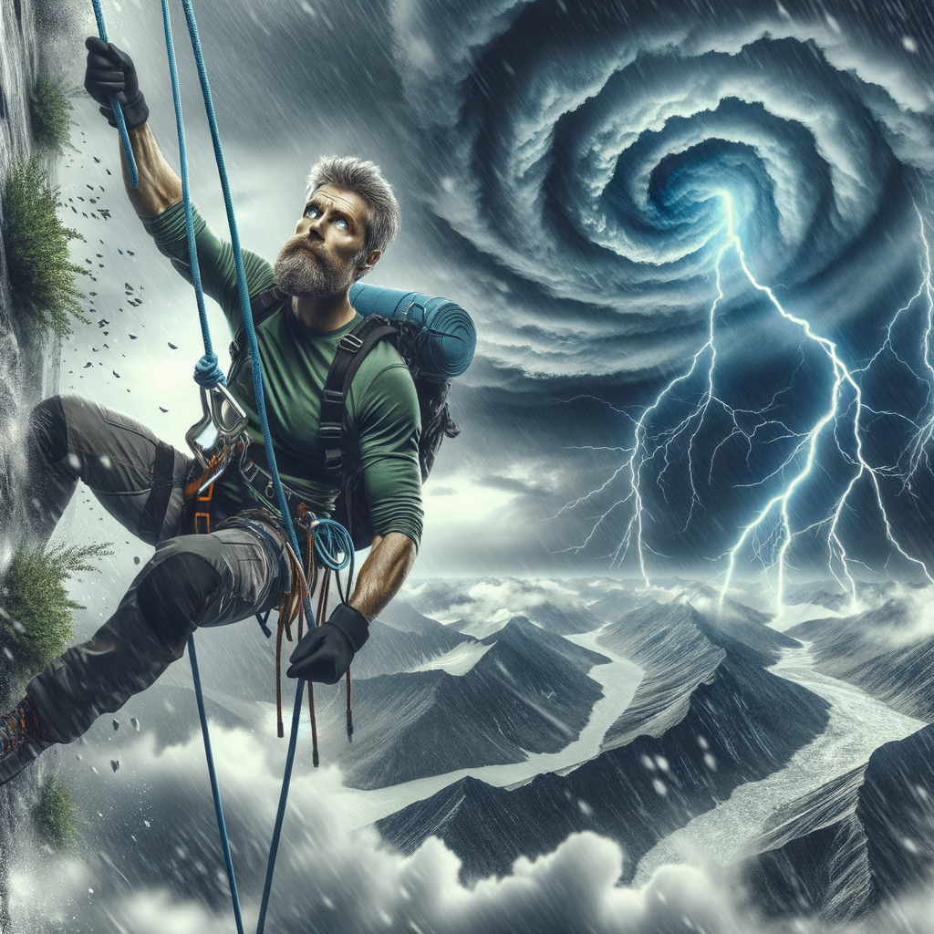 Adventurer using rappelling techniques and storm survival tips to navigate nature's fury, demonstrating outdoor survival in extreme weather conditions during a storm, emphasizing rappelling safety measures and storm preparedness in adventure sports.