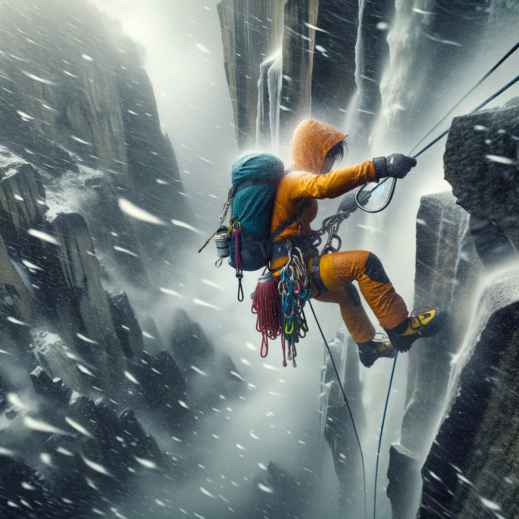 Adventurer demonstrating rappelling techniques in extreme weather conditions, using weather-resistant gear to rappel through rain, snow, and wind, embodying the thrill of adventure sports outdoors.