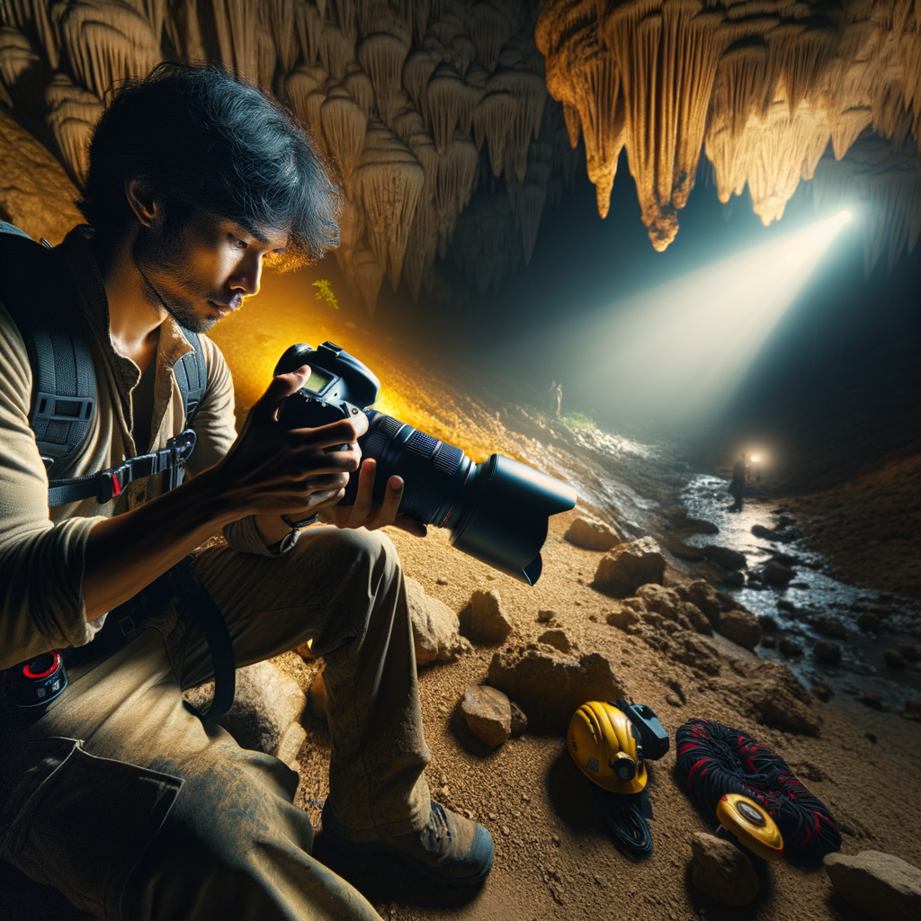 Caving photographer adjusting camera settings, demonstrating low light photography techniques with cave photography equipment in an adventure-filled underground photography session for caving photography tips.