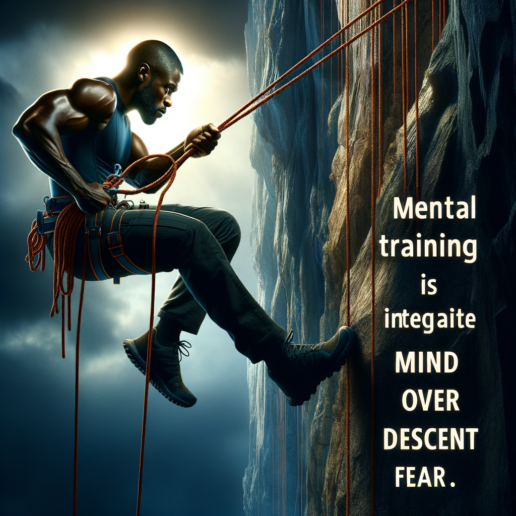 Individual mastering rappelling techniques with mental strength, showcasing Mind Over Descent and the importance of mental training and confidence in rappelling.