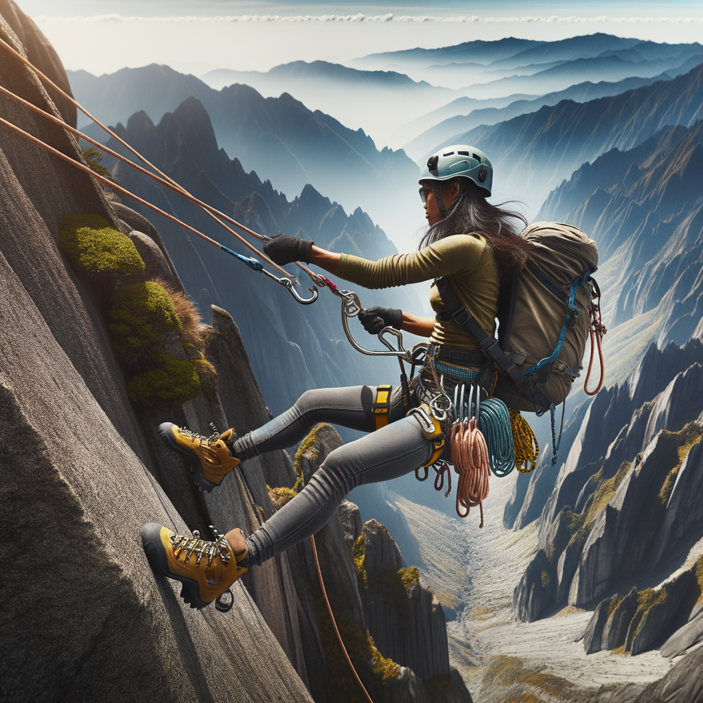 Experienced climber demonstrating rappelling techniques with safety gear in diverse mountain landscape, showcasing outdoor adventure and extreme sports in terrain rappelling.
