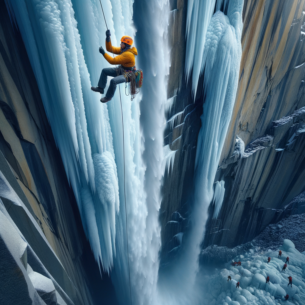 Adrenaline-fueled individual performing extreme rappelling down an ice-covered waterfall, showcasing the thrill of adventurous descents in unusual rappelling locations for unconventional outdoor adventures.