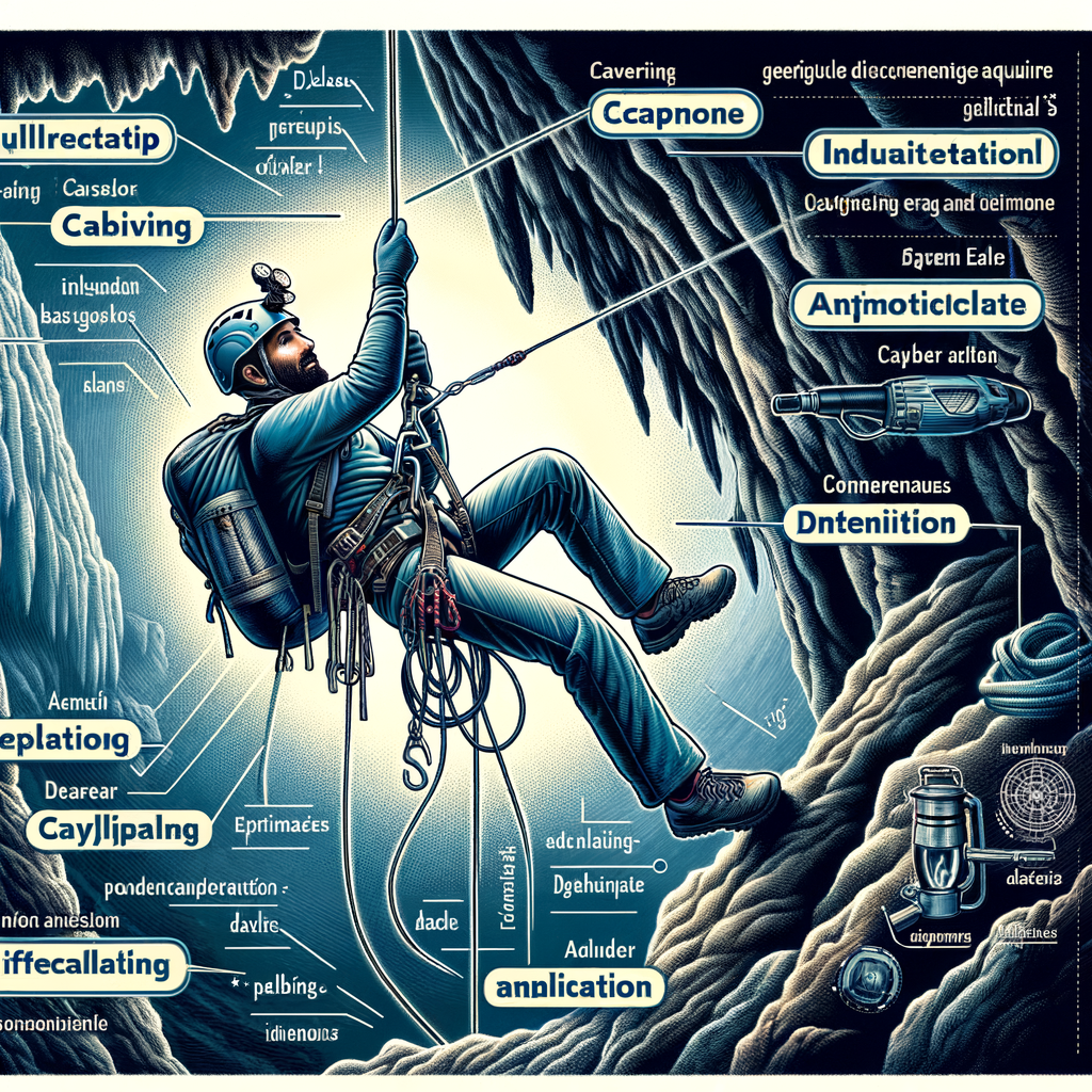 Visual guide illustrating caving and rappelling terminology, including key definitions and basics of caving and rappelling, with a caver actively rappelling for practical understanding.