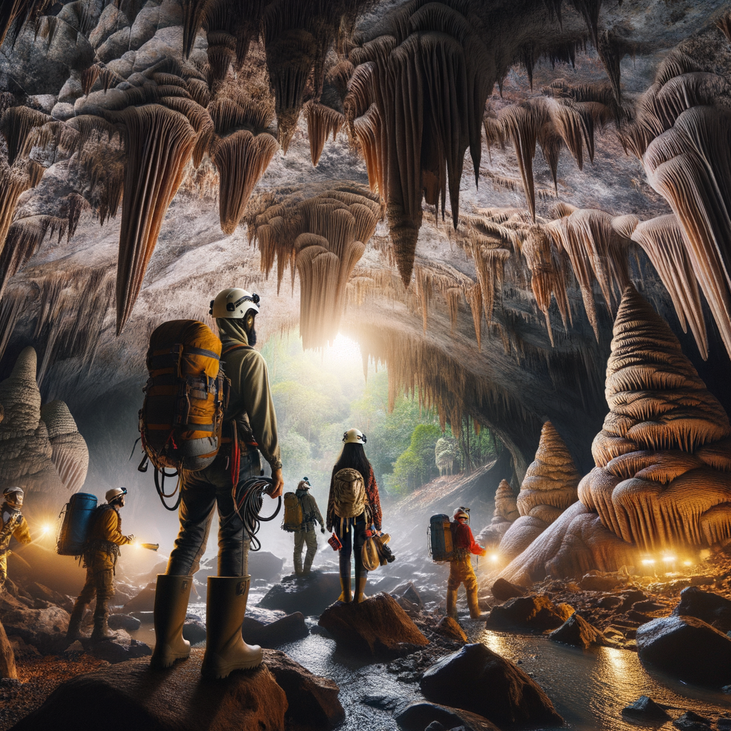 Explorers marvel at the grandeur of stalactite and stalagmite formation in a vast underground limestone cave, showcasing the rich cave minerals and diverse types of speleothems for a detailed insight into cave geology and cave exploration.