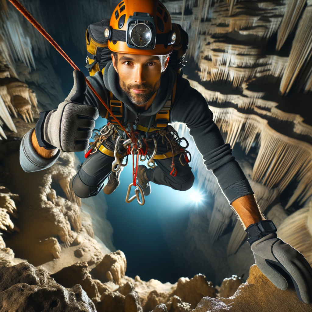 Professional caver using advanced rappelling equipment and caving techniques for safe underground exploration, demonstrating rappelling skills and providing cave rappelling tips for an exciting underground adventure.