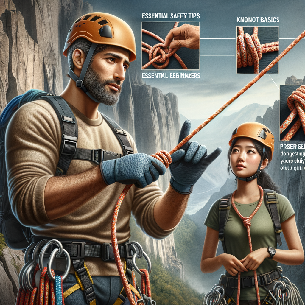 Professional instructor teaching advanced rappelling techniques and basic rappelling skills to a beginner, emphasizing rappelling safety tips, knot basics, and proper selection of essential rappelling gear including harness and rope.