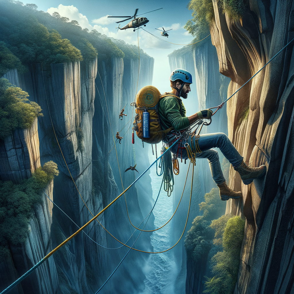Adventurer demonstrating rappelling techniques and mental strength in extreme sports during a thrilling rock climbing adventure, embodying the spirit of an inner explorer amidst wilderness exploration for adventure travel.
