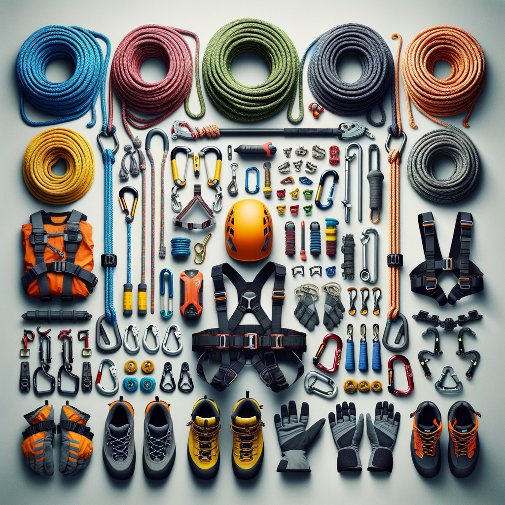 Essential rappelling equipment guide showcasing rappelling gear checklist including climbing ropes, harnesses, helmets, carabiners, and gloves for safety and efficiency.