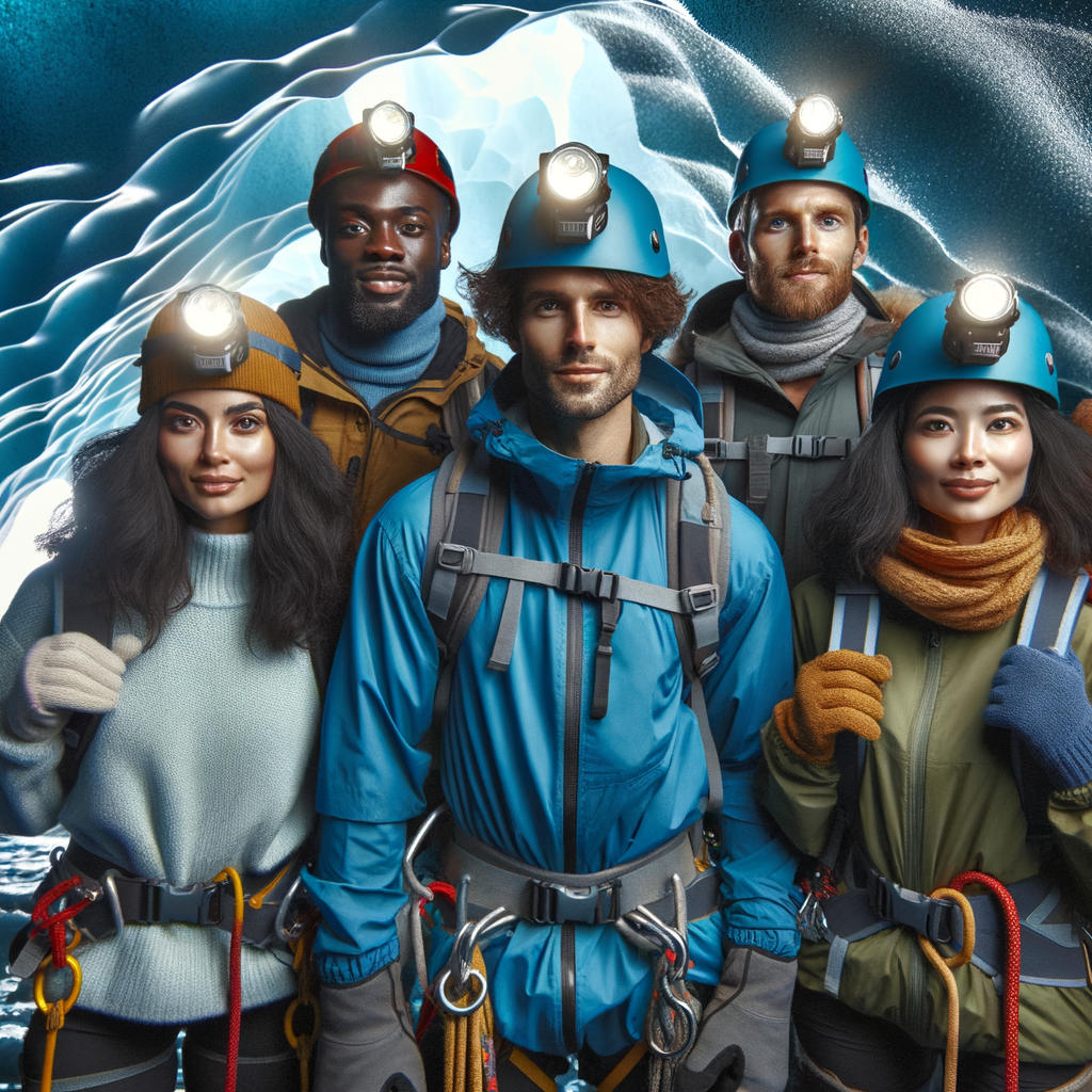 Explorers with headlamps and climbing gear embarking on an ice cave expedition, showcasing the adventure and thrill of journeying into the frosty depths of ice caves.