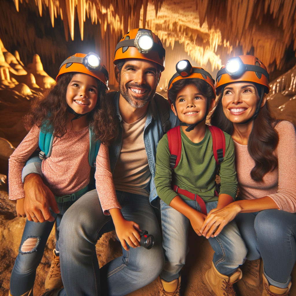 Joyful family of four having fun during a safe caving experience, showcasing family caving tips and safety guidelines for family-friendly adventure activities and outdoor activities.