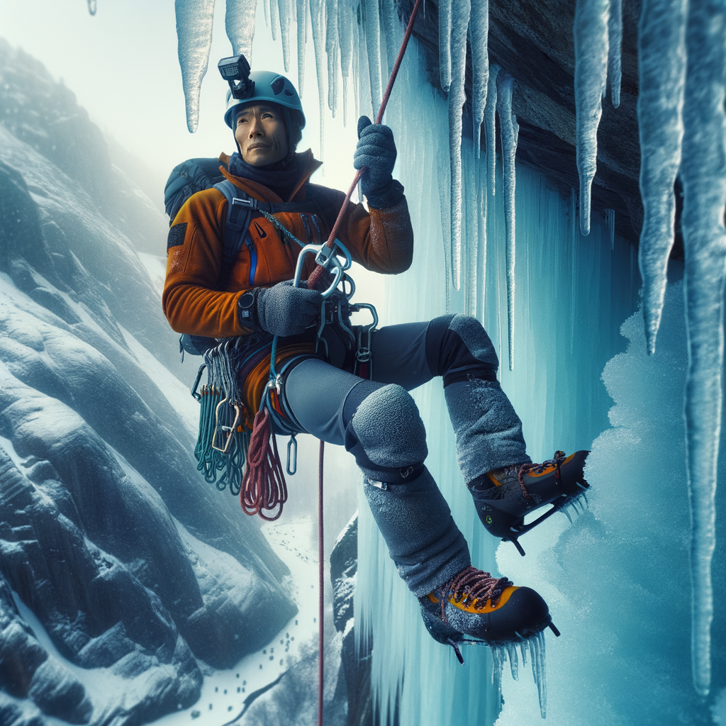 Ice climber demonstrating ice rappelling techniques with specialized rappelling equipment for ice on a steep cliff, showcasing winter climbing tips and ice climbing safety tips for extreme cold-weather adventures and winter outdoor adventure sports.