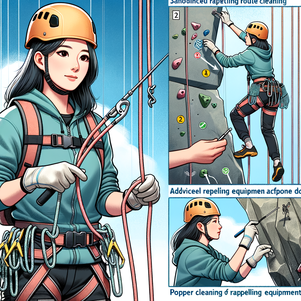 Professional climber demonstrating advanced rappelling techniques and route cleaning guide for safety and proper rappelling equipment cleaning after use