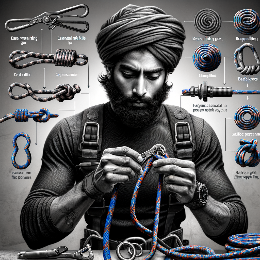Professional climber demonstrating essential rappelling knots and safety knots for rappelling, showcasing various climbing knots, rope knots, and rappelling gear knots for safe rappelling techniques.
