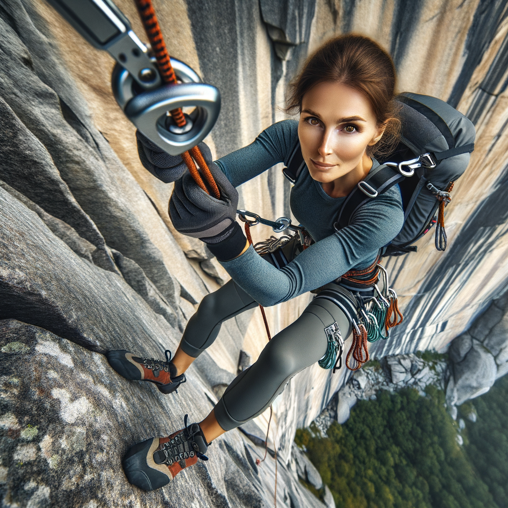 Professional rock climber demonstrating advanced rappelling techniques with precision, showcasing the art of rappelling and rappelling safety with visible equipment for crafting descent techniques in rock climbing.