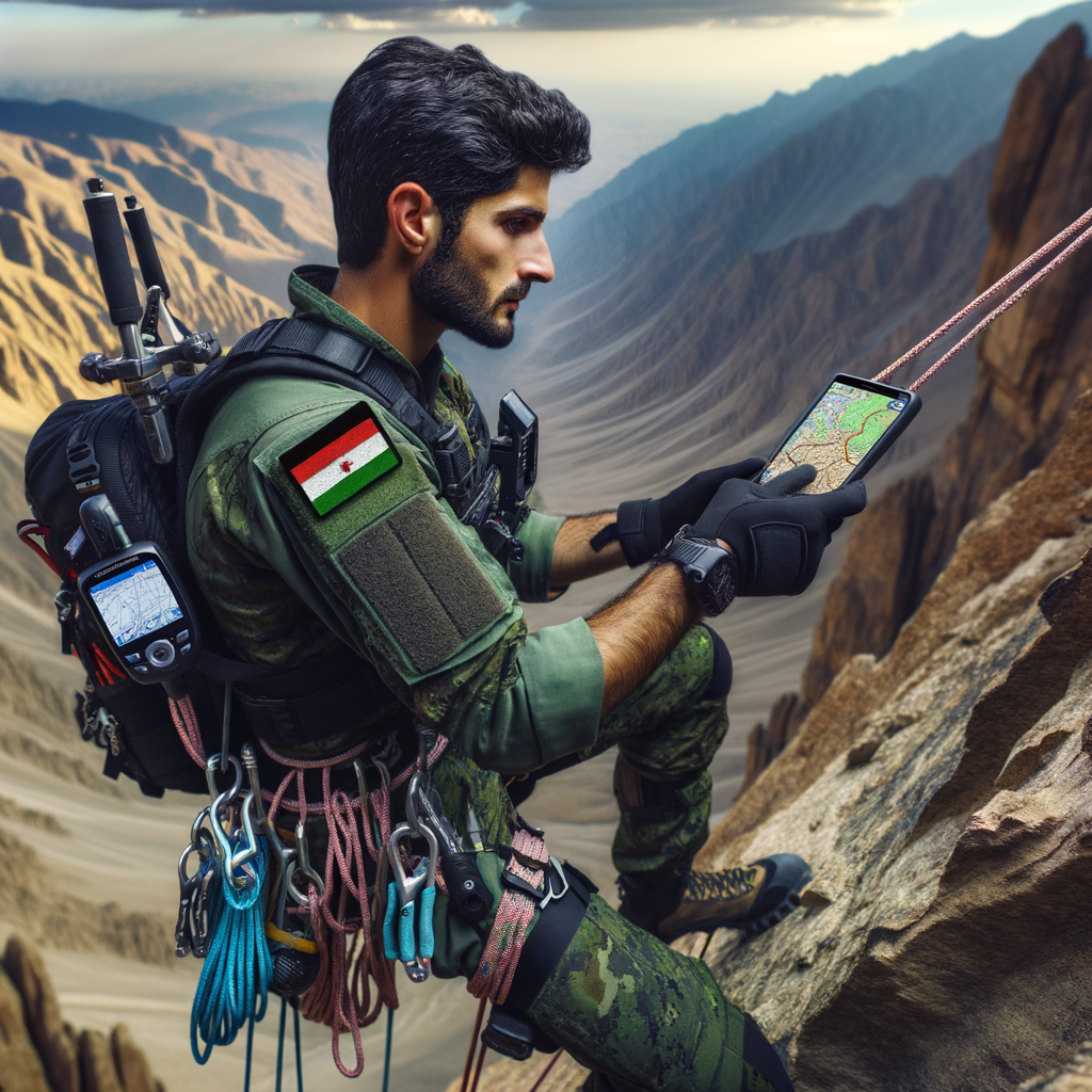 Professional rock climber demonstrating advanced rappelling techniques and navigation skills on a rugged mountain terrain, equipped with outdoor navigation tools like GPS and map for wilderness navigation during mountain rappelling.