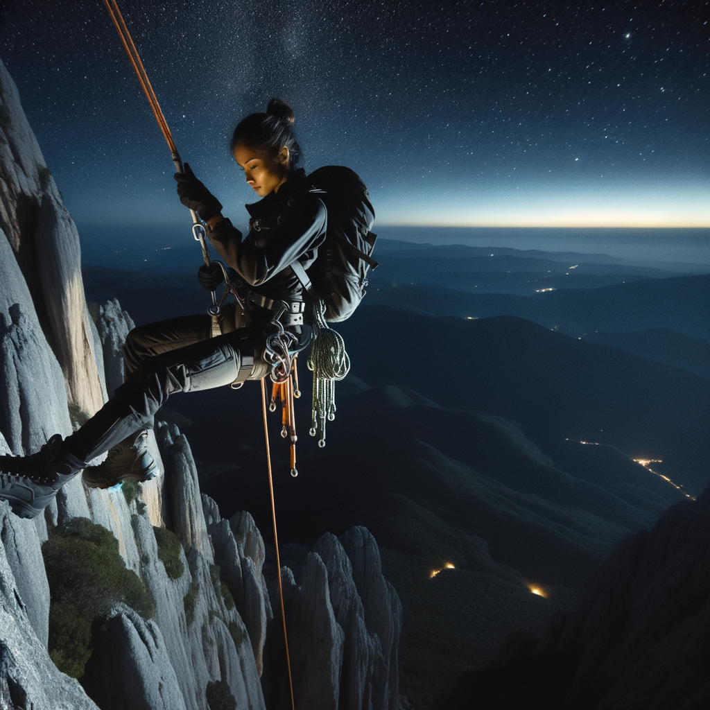 Adventurer demonstrating Night Rappelling Techniques and Rappelling Safety Tips while experiencing the Thrills of Rappelling under a starlit sky, showcasing Rappelling at Night Safety and Night Rappelling Equipment.