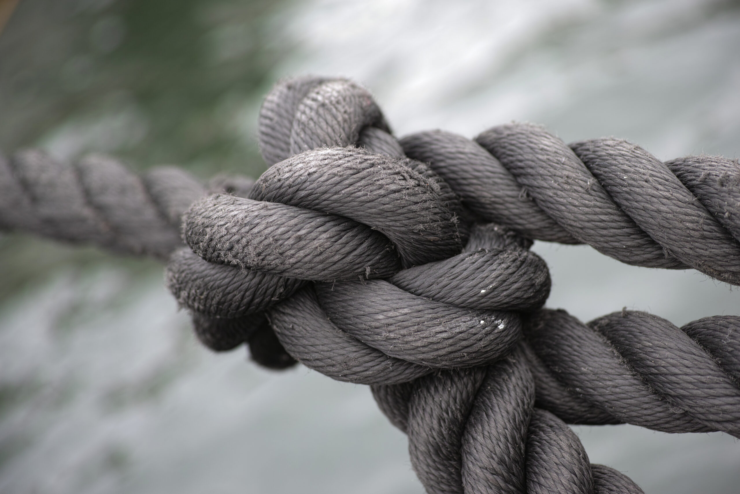 A close-up photo of a completed rappel anchor, highlighting the different pieces of gear used to ensure a safe and secure anchor, including slings, carabiners, and webbing.