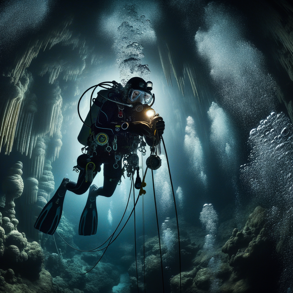 Professional diver using advanced cave diving equipment and rappelling gear for deep sea diving during an underwater cave exploration