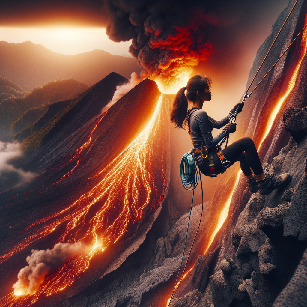 Professional rappeller demonstrating advanced rappelling techniques while descending a volcano, showcasing the use of specialized rappelling gear for volcanoes and safety measures for volcano rappelling in extreme conditions.