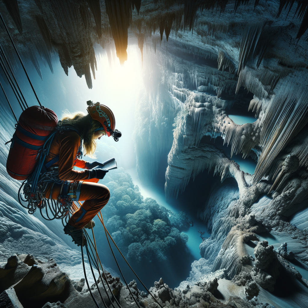Professional cave explorer using advanced descending techniques for abyss exploration in one of the world's deepest caves, showcasing the thrilling adventure of exploring deep caves.