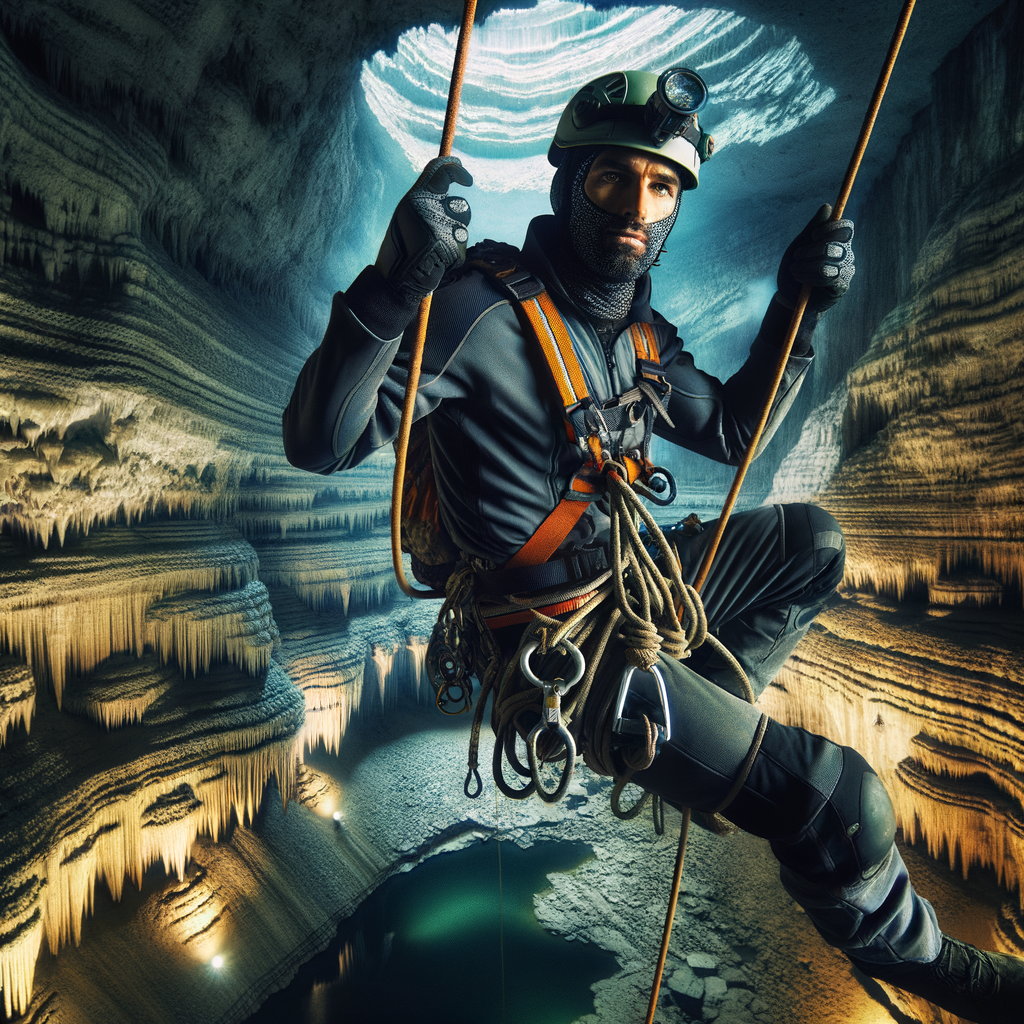 Professional spelunker using advanced caving equipment for extreme rappelling into a vast cavern, showcasing underground adventures and rappelling safety in cave exploration for the article 'Cavernous Revelations: Rappelling into the Unknown'.