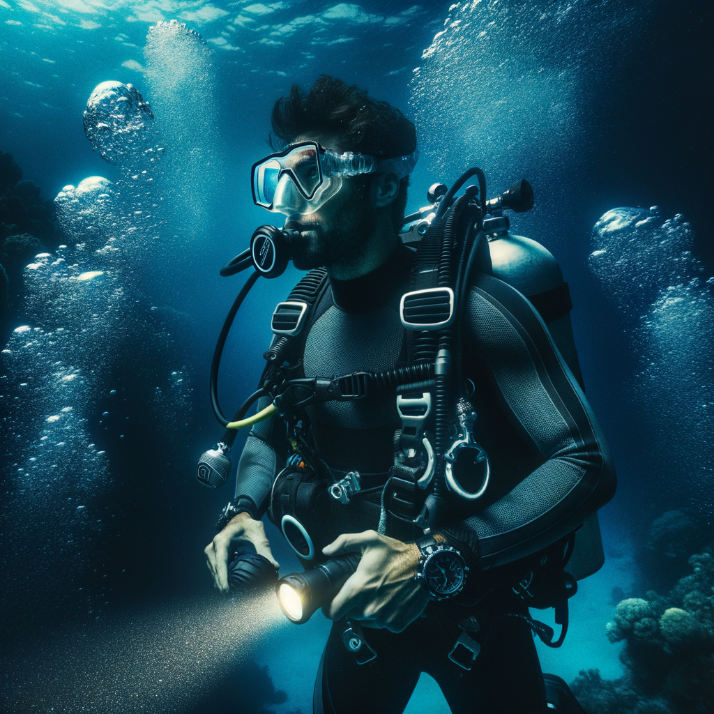 Professional scuba diver practicing safe diving techniques with high-quality equipment during a deep sea night dive, emphasizing the importance of underwater exploration safety and diving in darkness.