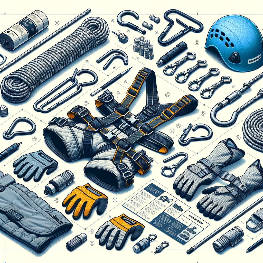 Beginner's DIY rappelling kit essentials including harness, helmet, carabiners, ropes, and gloves laid out for assembling, perfect visual guide for building a rappelling kit.