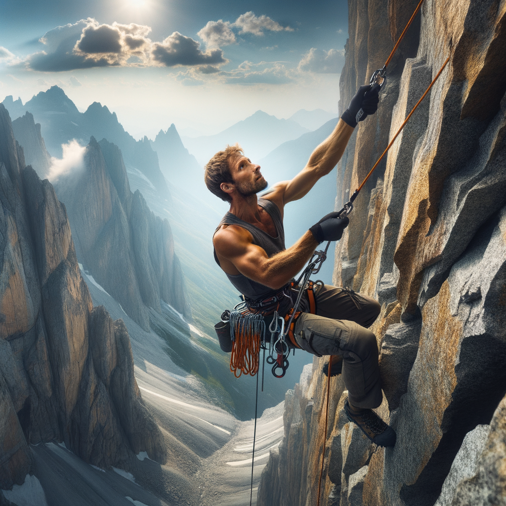 Professional mountain climber demonstrating advanced rappelling techniques and safety with rappelling equipment during a rock climbing descent, exemplifying the art of rappelling and beauty in descent amidst a stunning mountain landscape for adventure sports and outdoor rappelling training.