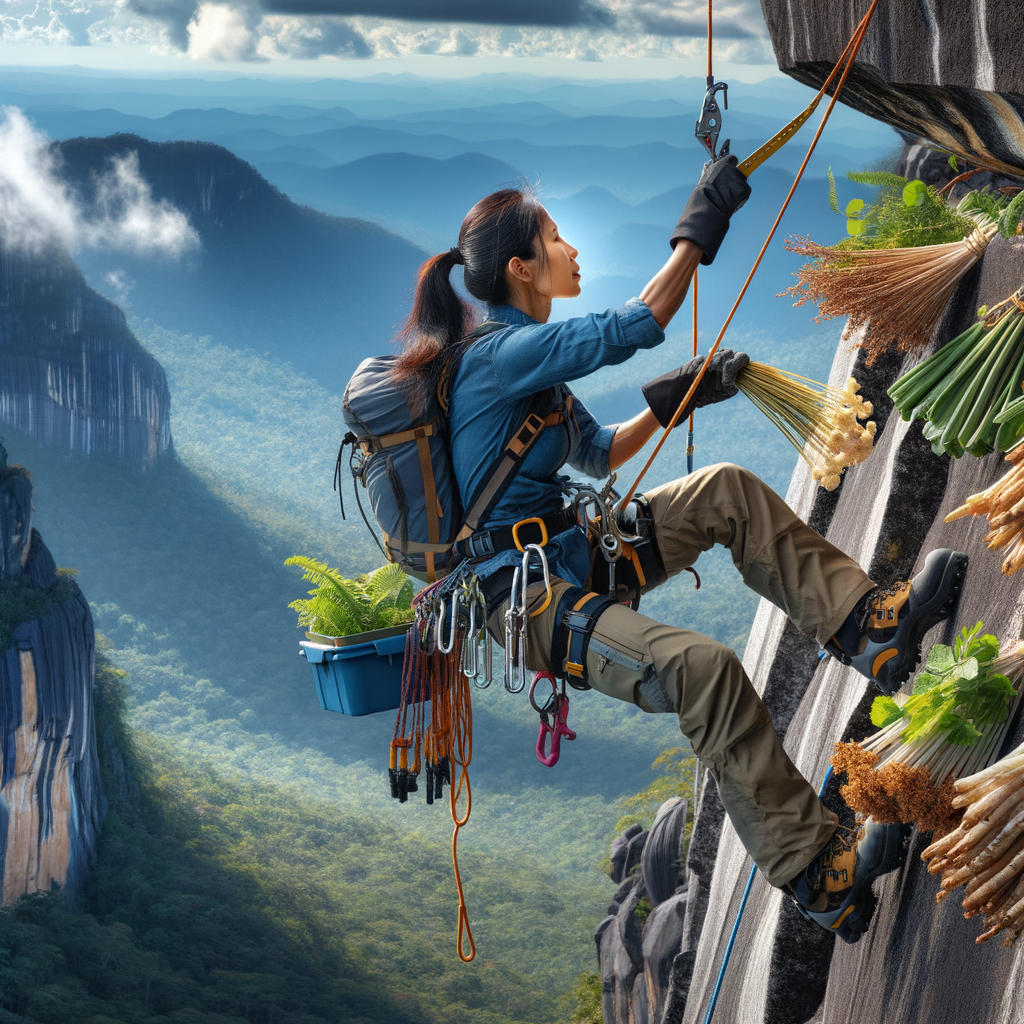 Professional mountain climber using rappelling techniques and equipment to descend a rocky cliff, while foraging edible wild plants for survival in the wilderness, showcasing outdoor survival skills and wilderness foraging.
