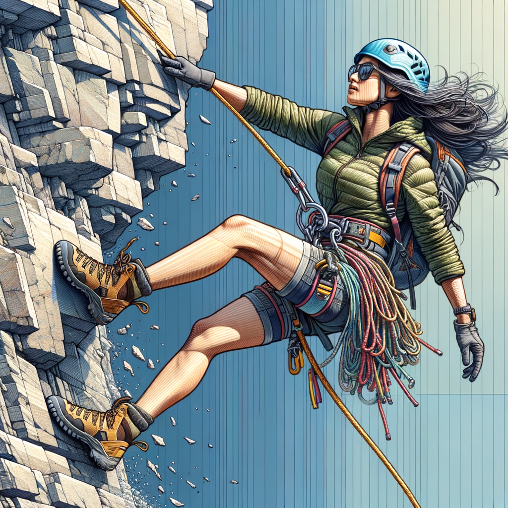Fashionable climber in stylish descent, showcasing rappelling fashion with functional climbing clothes and trendy outdoor gear, embodying fashion meets function in outdoor sports.