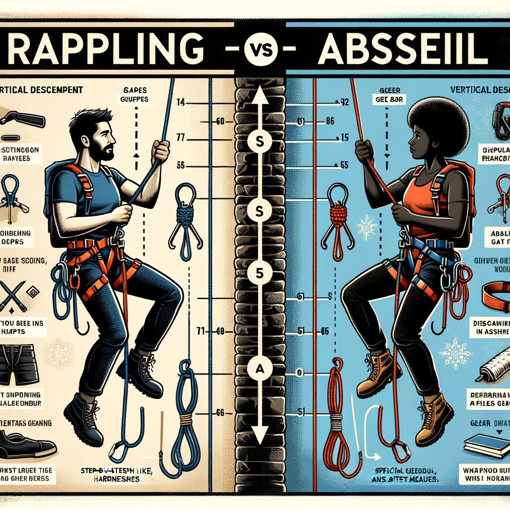 Infographic comparing rappelling and abseiling techniques, gear, and safety measures for understanding the difference between rappelling and abseiling.