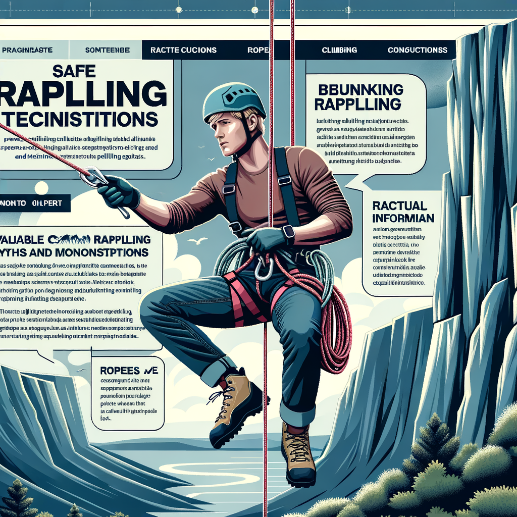 Professional climber demonstrating rappelling techniques and safety during descent, debunking common rappelling myths and misconceptions, with a sidebar guide on rappelling tips, tricks, and facts.