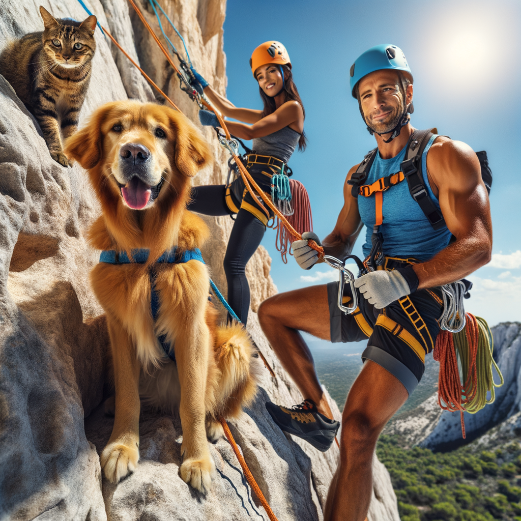 Professional climber demonstrating pet rappelling safety with well-harnessed dog and cat, highlighting training pets for rappelling, safety gear for pet rappelling, and precautions for outdoor adventures with pets.