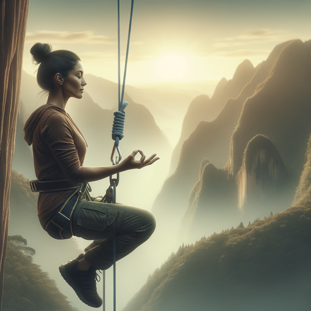Individual finding inner peace through Zen rappelling descent, illustrating the exploration and tranquility of rappelling for inner peace against a natural backdrop.