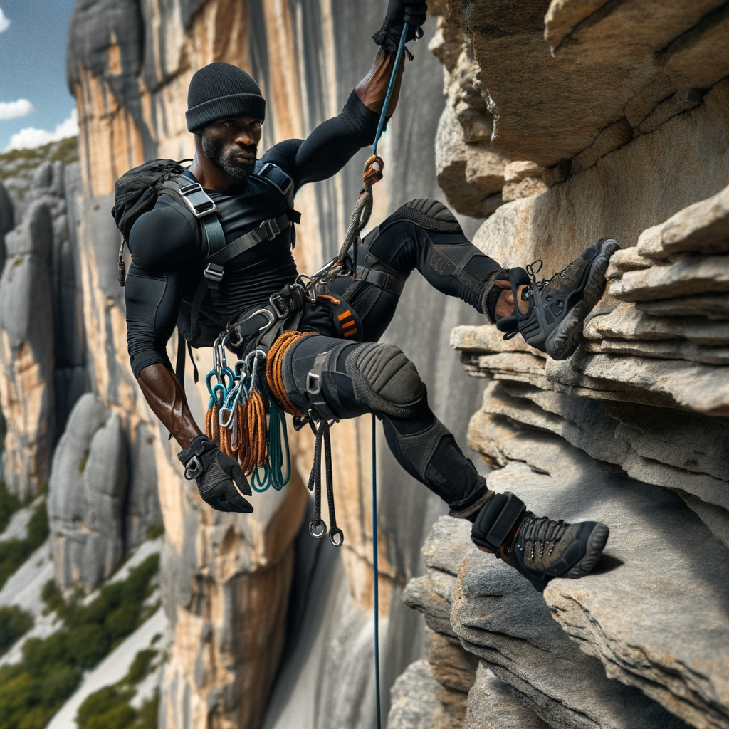 Adventurous climber demonstrating innovative and advanced rappelling techniques on a rugged cliff, showcasing the latest innovations in adventurous rappelling for advanced adventurers.