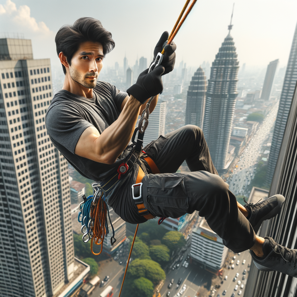 Professional urban climber demonstrating safe rappelling techniques with modern equipment on a high-rise building, showcasing the thrill of city rappelling and urban adventure sports.