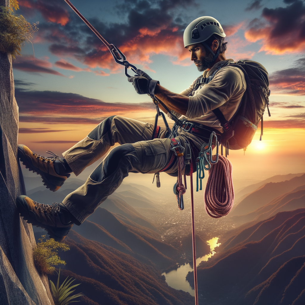 Professional outdoor rappeller demonstrating advanced rappelling techniques and safety tips against a stunning horizon backdrop, embodying the thrill and challenges of extreme rappelling adventures.