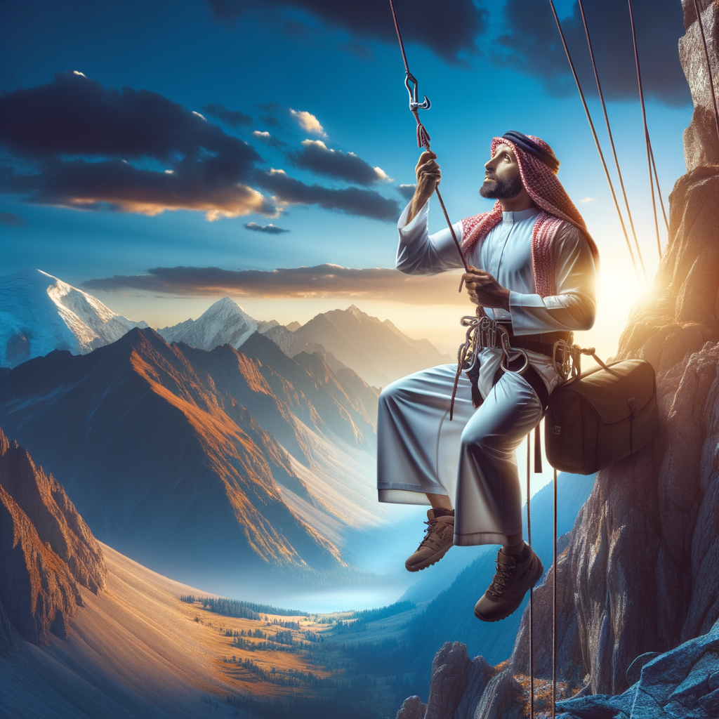 Adventurer experiencing high altitude serenity during a mountain rappelling retreat, symbolizing the thrill of adventure rappelling and finding serenity in high places.