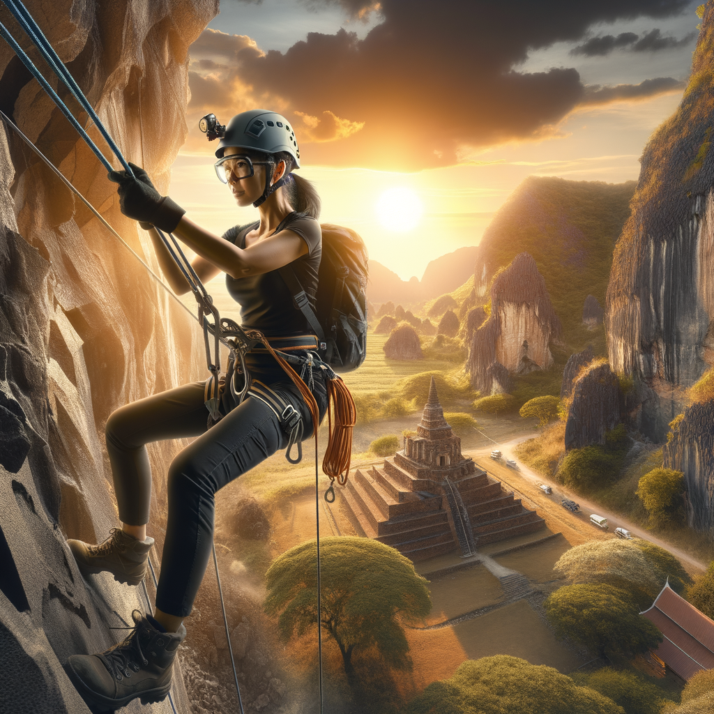Professional archaeologist rappelling down a cliff to explore ancient ruins, showcasing adventure archaeology and the exploration of historical terrains in rugged landscapes.