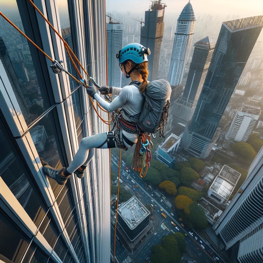 Urban climber performing rock face rappelling techniques on a city skyscraper, demonstrating safety in urban rappelling and extreme urban sports with professional rappelling equipment.