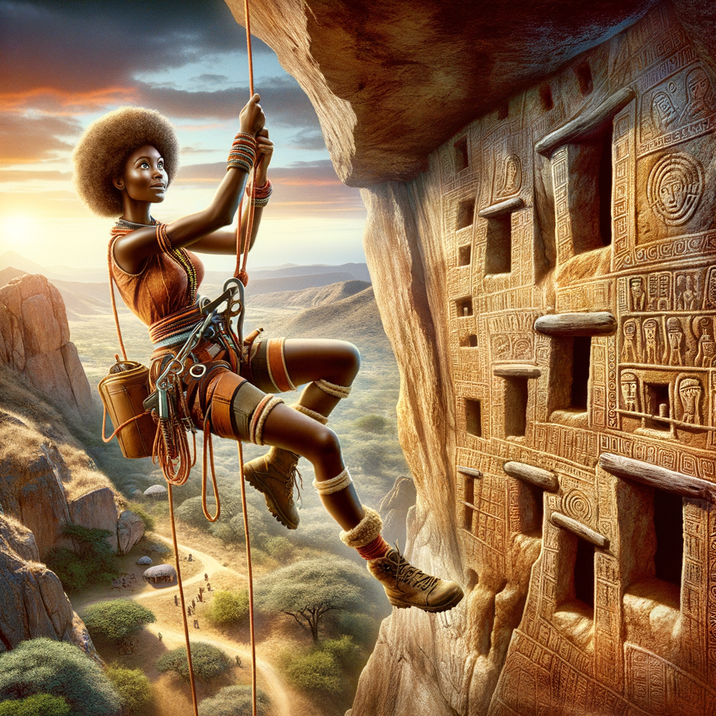 Adventurous explorer using rappelling techniques to explore ancient cliff dwellings, showcasing the history of rappelling and historical exploration of ancient civilizations.