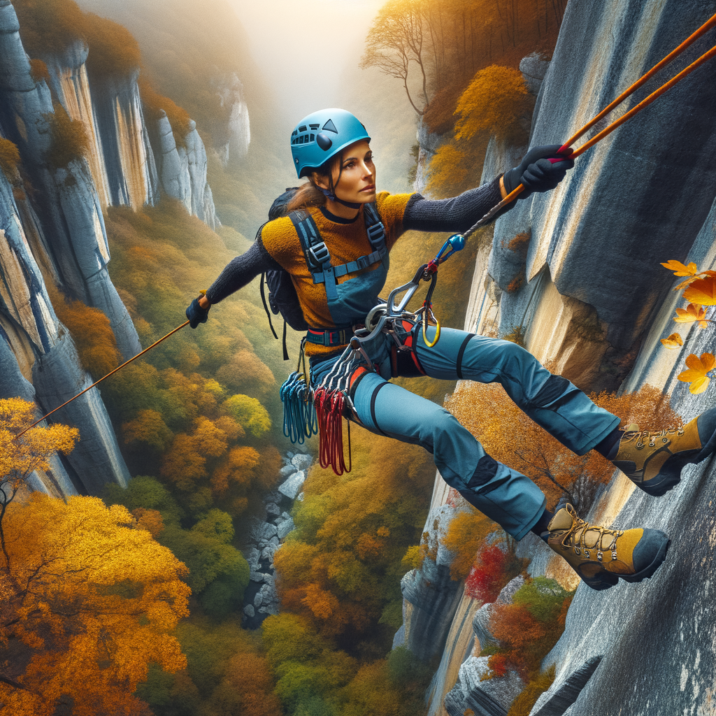 Professional rappeller on a seasonal rappelling adventure, skillfully using rappelling techniques and gear, embracing nature's changes during outdoor activities in different seasons.