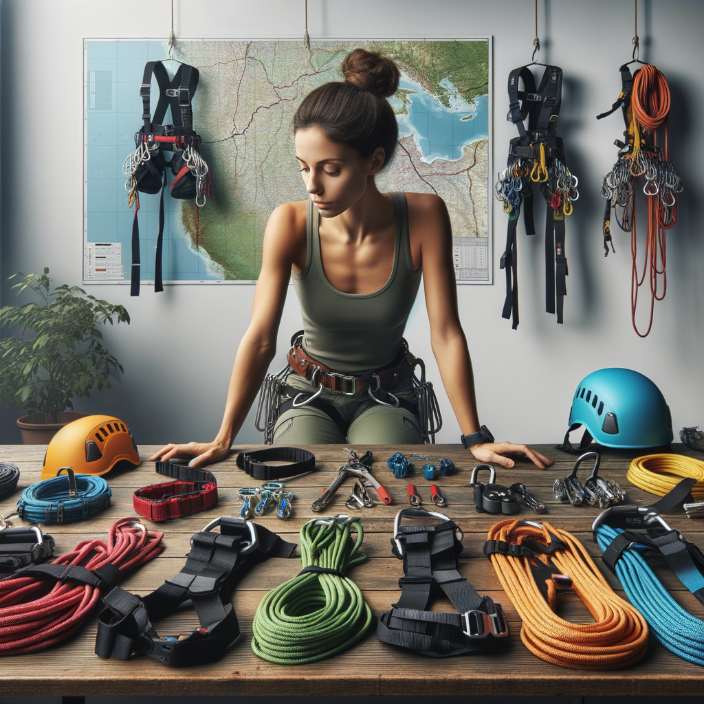 Professional climber reviewing best rappelling armor, emphasizing the importance of careful rappelling gear selection and comparison for choosing climbing equipment, showcasing a variety of rappelling safety gear including harnesses and helmets.
