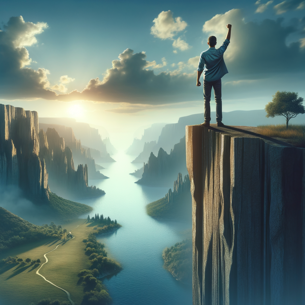 Individual overcoming acrophobia by confidently standing on a high cliff, illustrating the psychological benefits and personal growth from conquering fear of heights and the positive impact on mental health after therapy for fear of heights.