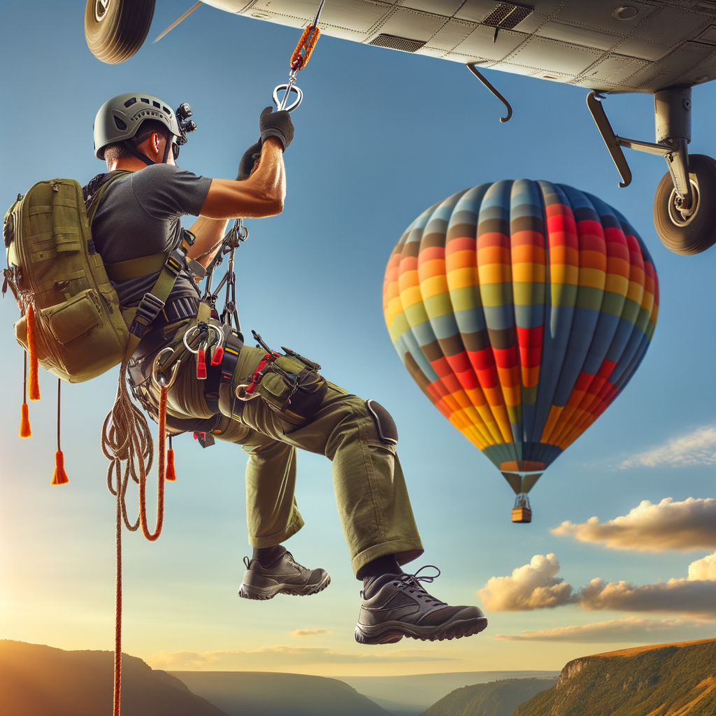 Adventurous individual mid-air during a thrilling helicopter rappelling experience, with a colorful hot air balloon in the background, showcasing extreme sports and high-flying outdoor adventures in adventure tourism.