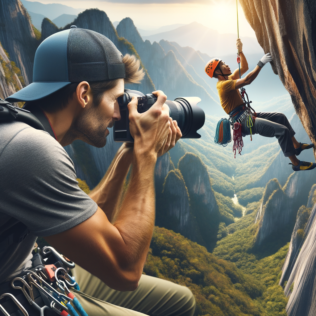 Professional photographer using advanced outdoor photography techniques for capturing descent photos in rappelling photography, illustrating extreme sports photography and rock climbing photography tips.