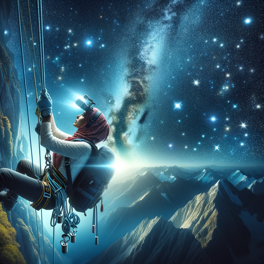 Adventurous astronomer engaged in rappelling astronomy under the star-studded night sky, showcasing celestial views during astronomy descents and the thrill of extreme outdoor astronomy activities.