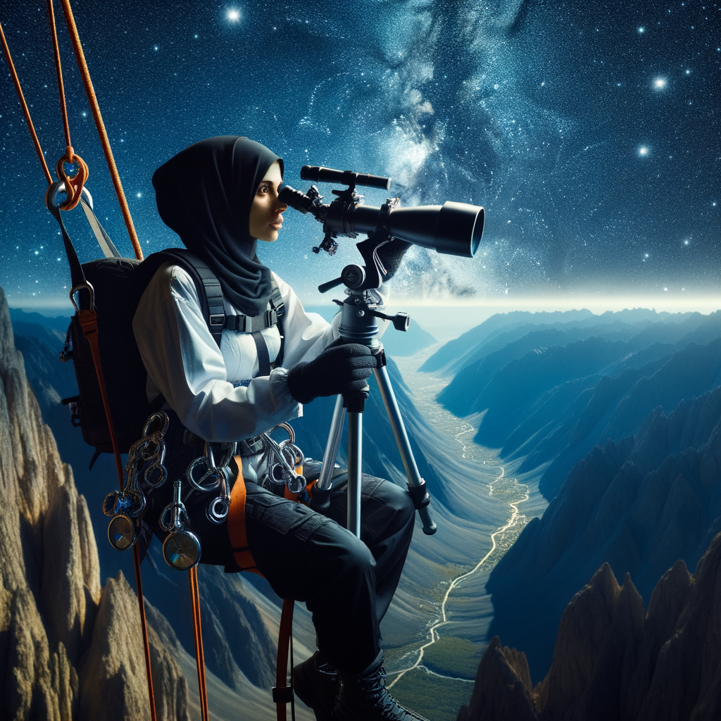 Professional astronomer engaged in rappelling stargazing, showcasing descending heights astronomy and adventure astronomy experiences against a star-studded night sky backdrop.