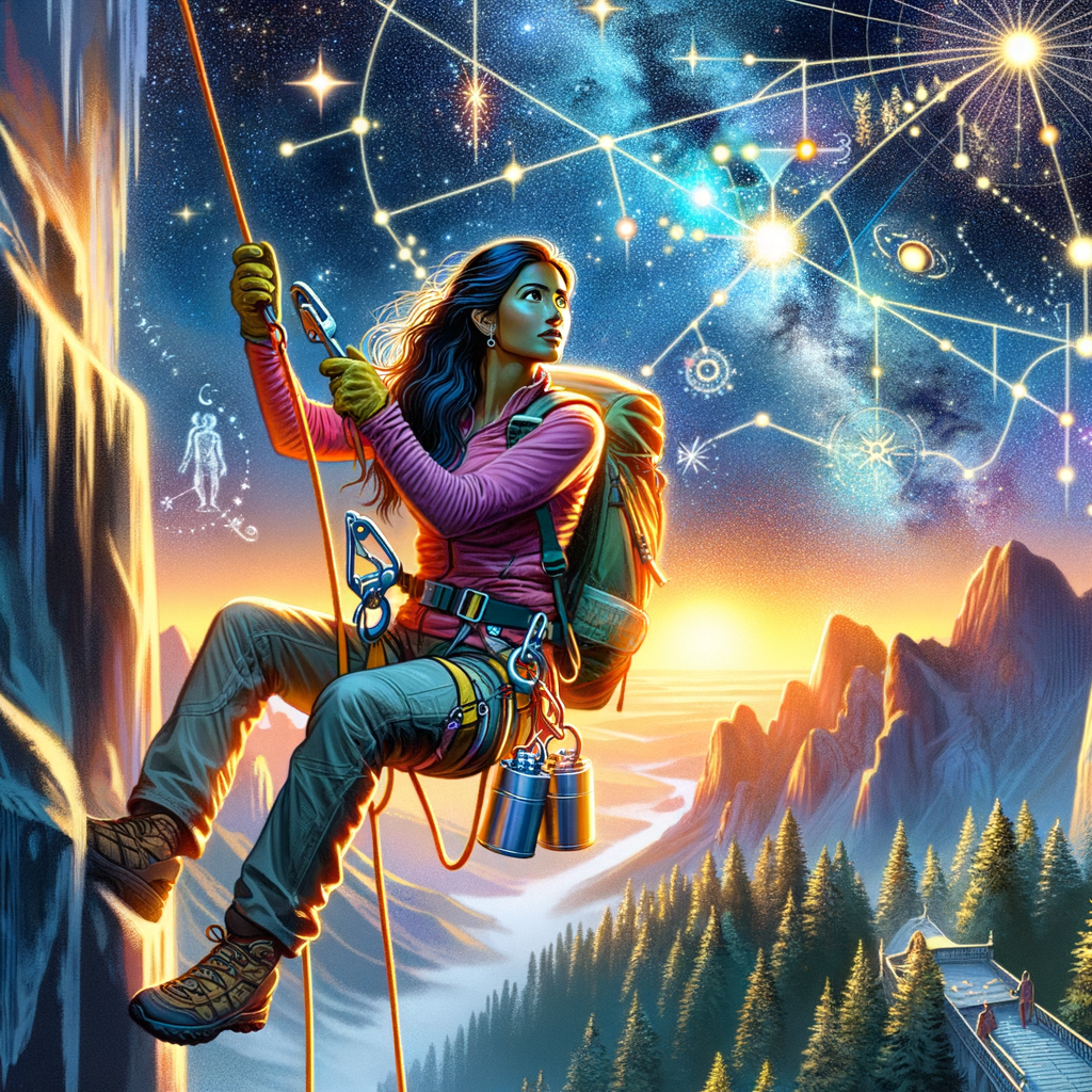 Professional rappeller using advanced rappelling techniques for descent on a cliff during archaeoastronomy studies, observing celestial alignments and making archaeoastronomy discoveries under a starry night sky.
