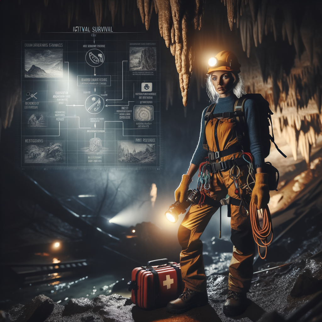 Professional cave survival guide demonstrating emergency survival skills and techniques in a cave, equipped with essential tools for emergency cave preparedness and cave exploration safety.
